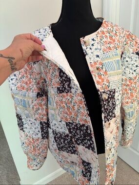 Quilted Floral Patchwork Jacket - Peach & Navy